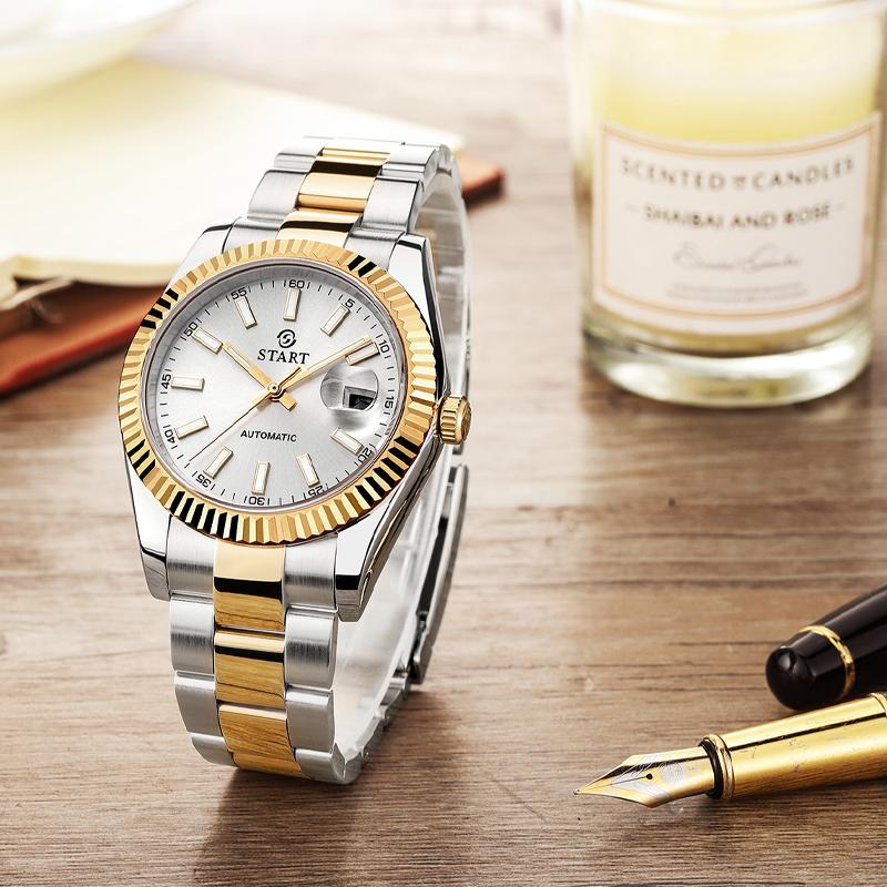 Start Мужские механические часы с функцией календаря, водонепроницаемые часы, светящаяся шкала, циферблат, золотые часы