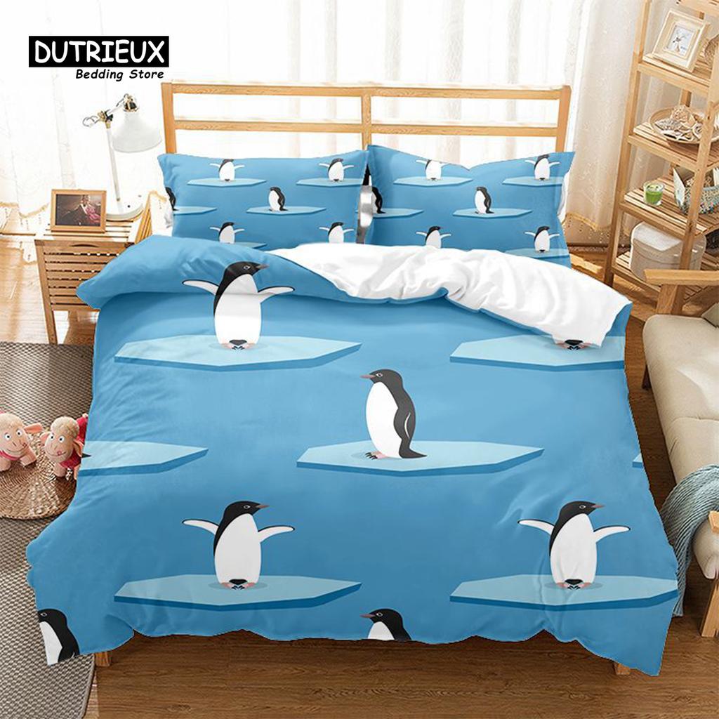 Милый комплект постельного белья с пингвинами, мультяшные животные, пододеяльник, комплект для близнецов, для мальчиков и девочек, декор комнаты, принт, одеяло, чехол с наволочками
