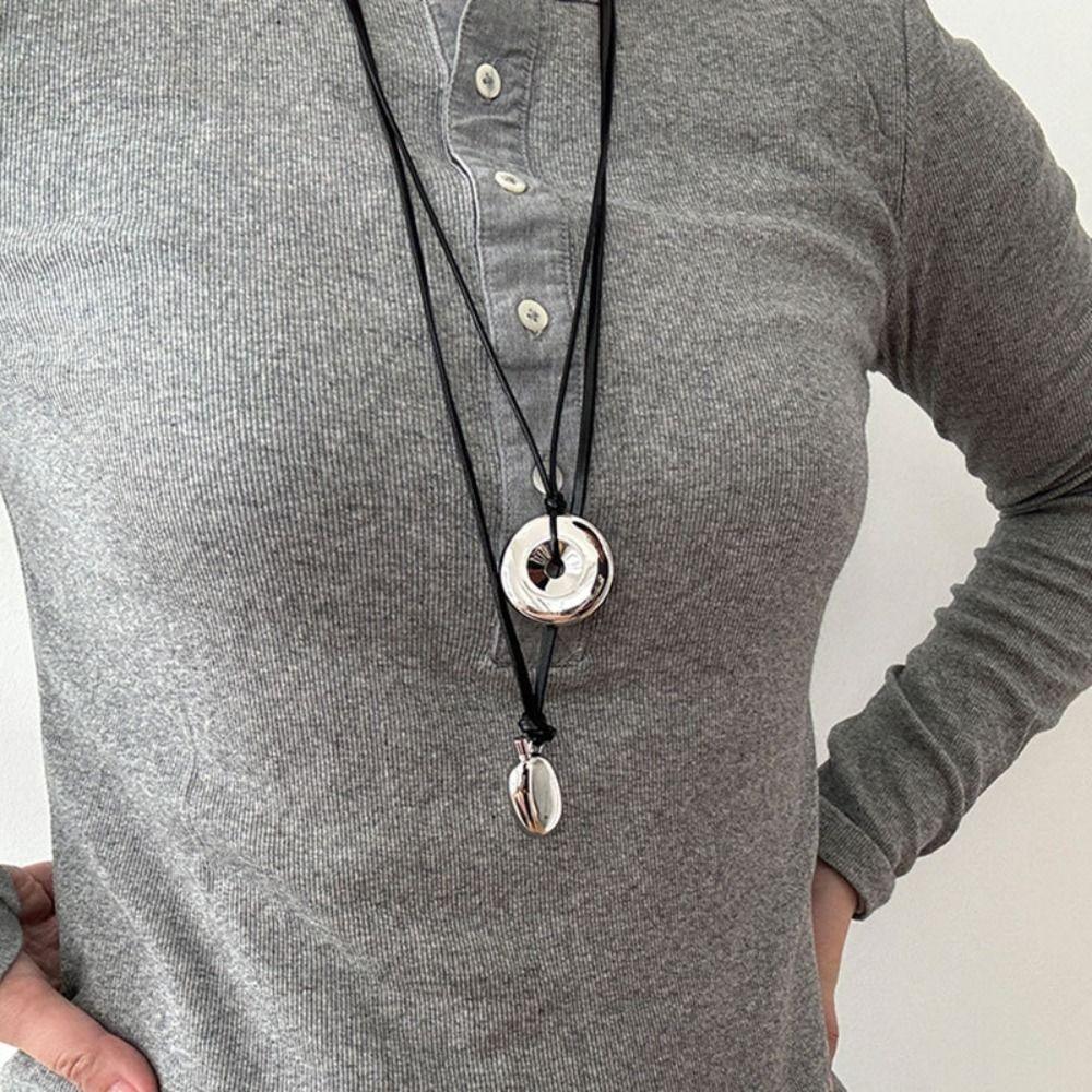Geometric Water Drop Pendant Necklace Black Sweater Chain New Leather Rope Long Necklace Gifts