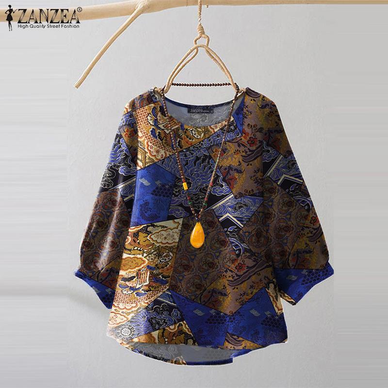 ZANZEA Ethnic Print Casual O-neck 3/4 Sleeve Loose Women Blouse