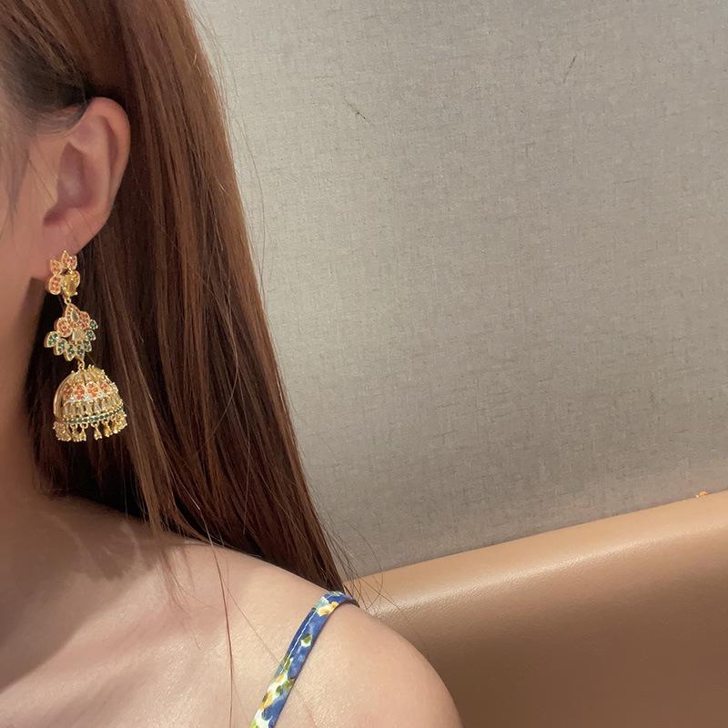 Light Luxury Wind Chimes Bell Earrings, Micro-Inlaid Color Zircon Birdcage Earrings, Exaggerated Personality, Unique Personality