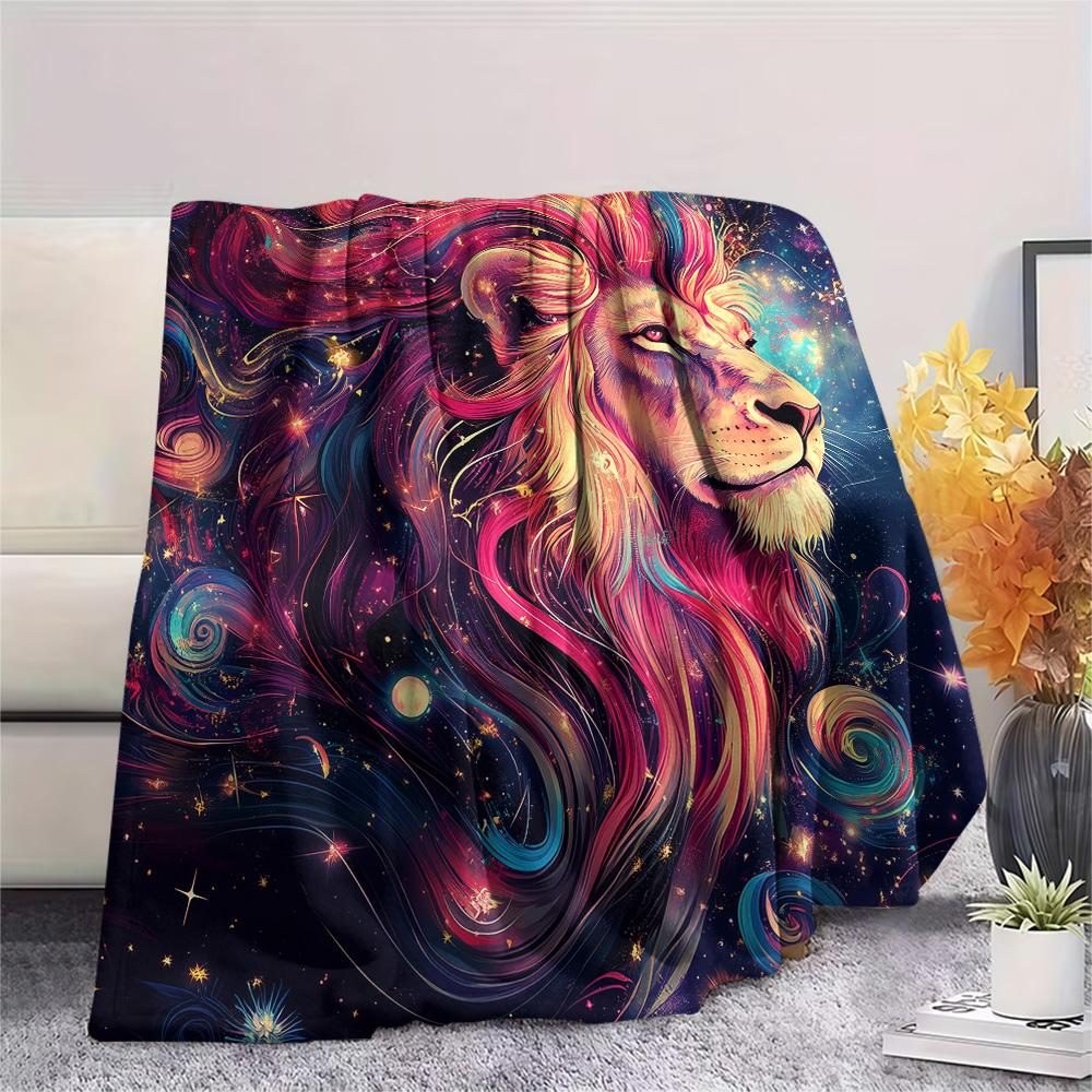 Starry Sky Lion Print Flannel Blanket, High quality Comfortable for All Seasons, Home Decor, Warmth and Comfort