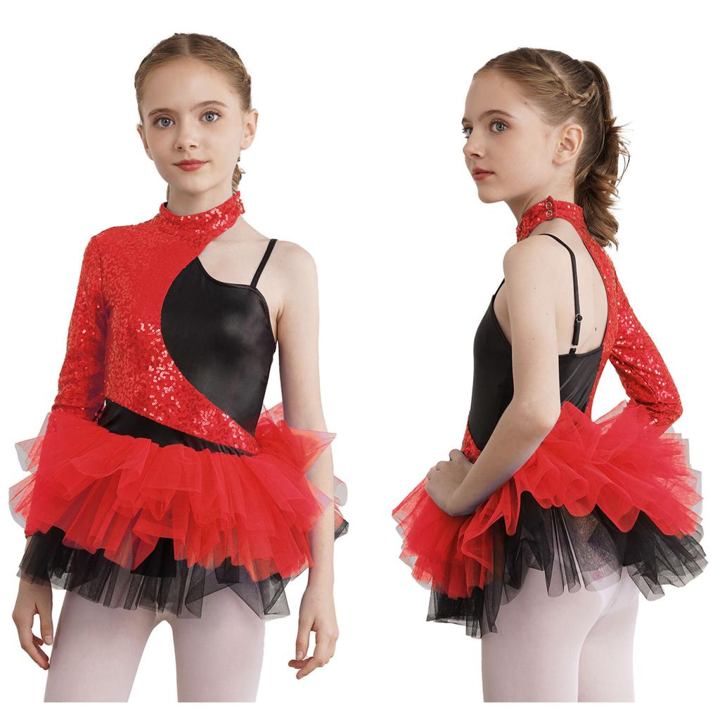 Kids Girls Shiny Sequin Jazz Latin Dance Dress Asymmetrical Sleeves Tulle Party Dress Ballet Dance Leotard Dress
