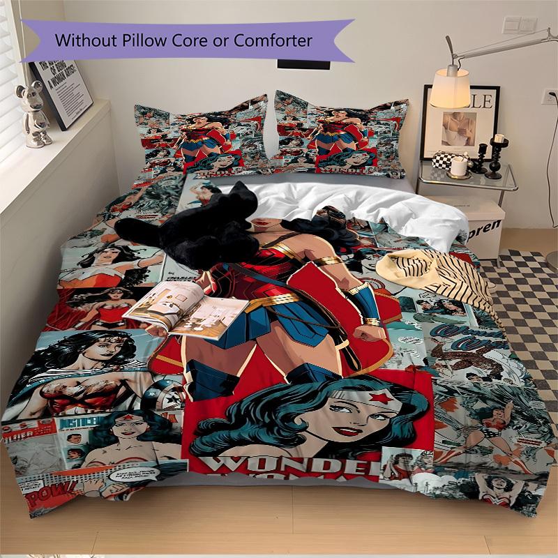 3pcs Wonder Woman Bedding Set, Soft Polyester Duvet Cover and Pillowcases Machine Washable Seasons all suitable & Guest Room Decor331