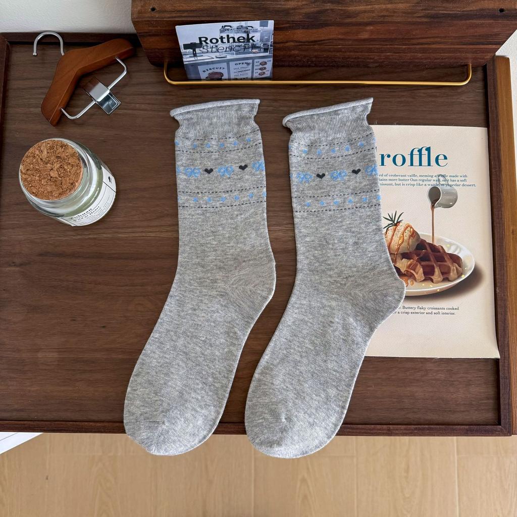 Белые гольфы до середины голени, стиль бантик любовь, носки из хлопка с подвернутым краем, корейский студенческий стиль