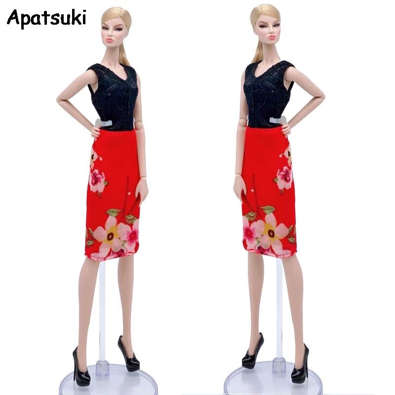 Черный жилет, красное платье с цветочным принтом, модная кукольная одежда для кукол Барби, наряды, короткие платья, вечерние платья, аксессуары для кукол 1/6, детские игрушки