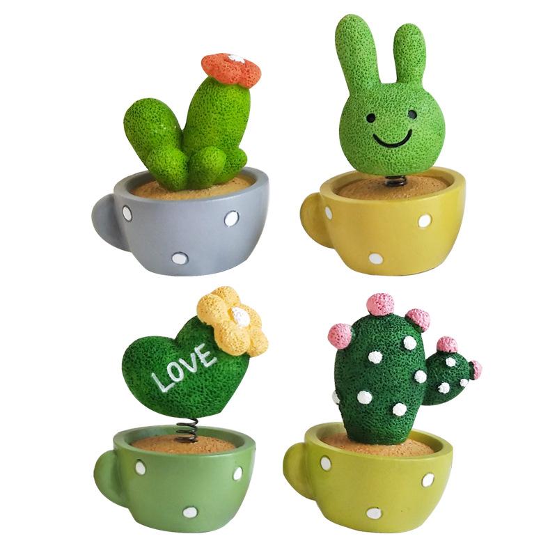 4PCS/set Cute Shaking Head Spring Car Ornament Animal Cactus Small Potted Resin Ornament Ornament
