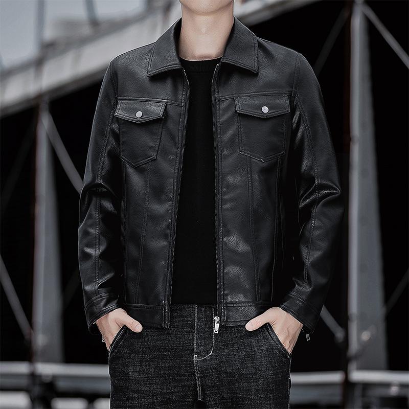 Повседневная мужская кожаная куртка с лацканами, деловая кожаная куртка на молнии, мужская куртка из искусственной кожи