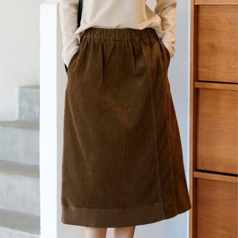 Johnature Осенне-зимняя женская модная однотонная винтажная юбка трапециевидной формы, винтажная вельветовая юбка