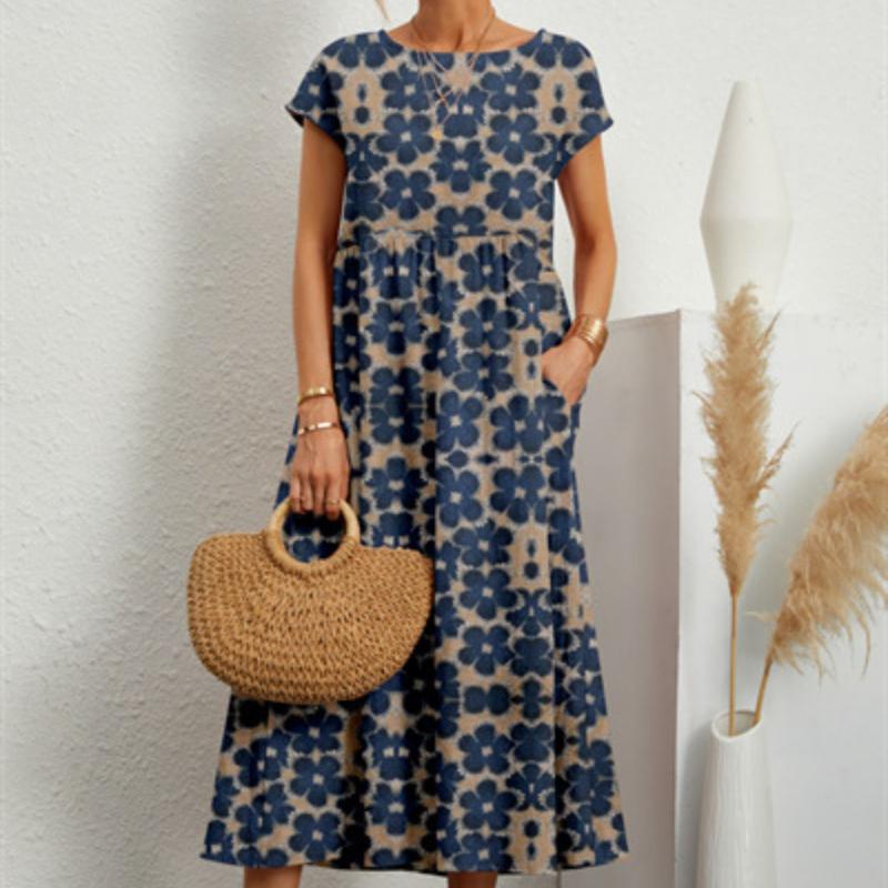 Новая мода Свободное хлопково-льняное платье Женское летнее платье с коротким рукавом и круглым вырезом с принтом Женские элегантные винтажные повседневные платья Lady 24195