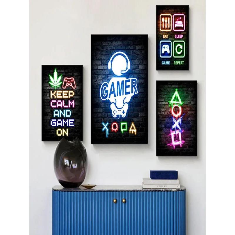 Игровой неоновый холст плакат еда сон игра повтор декор комнаты геймера киберспорт спальня искусство домашний декор подарок живопись настенный декор