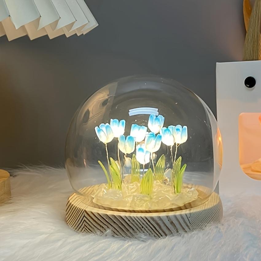 Elegant LED Tulip Decor In Glass Dome - Art Deco Night Light, Ideal for Christmas & Valentine's Day Gift