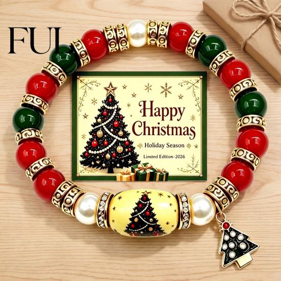 Christmas Tree Pendant Jewelry Beaded Bracelet with Card, Santa Deer Center Bead, Stocking Stackable Bracelets Retro Stretch Charm, Holiday