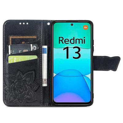 Чехол-подставка из ПУ кожи для Xiaomi Redmi 13 5G/13 4G с принтом бабочек и цветов
