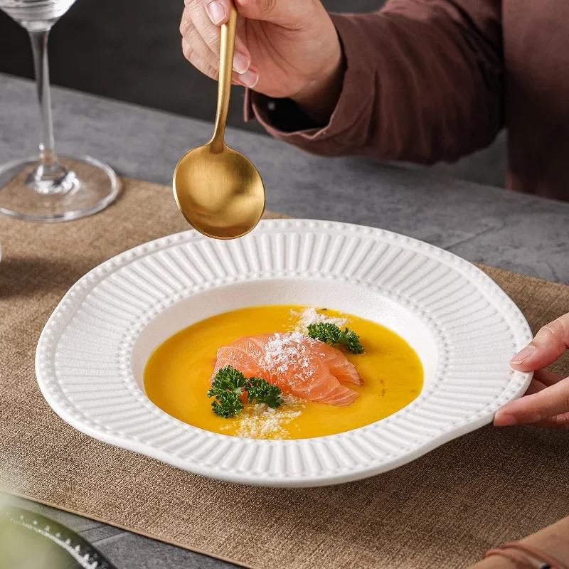 Керамическая тарелка для пасты Обеденная тарелка Салат Полосатая тарелка в виде соломенной шляпы Домашний ресторан западной кухни Отель Tang