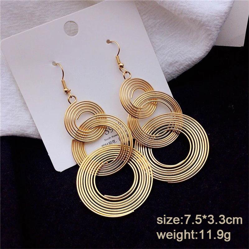 Punk Gold Colour Big Geometric 3 Circle Metal Long Dangle Earrings For Women Bohemian Party Exaggerated Fashion Jewelry