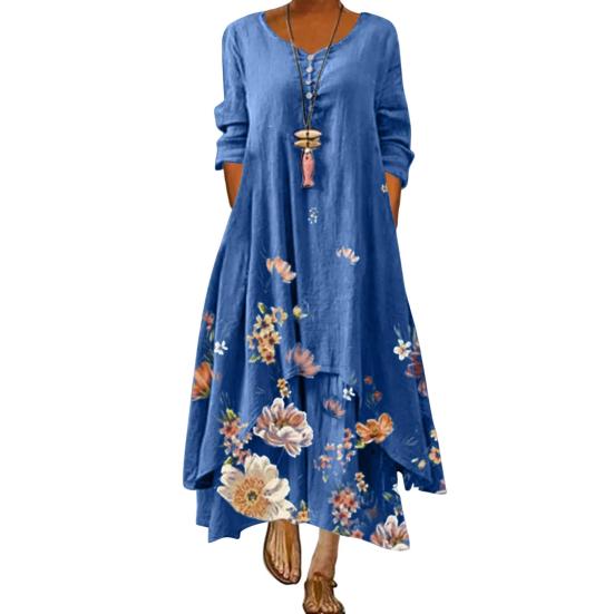 Spring Fall Dress with Pockets Vintage Flower Printing Irregular Layerd Hem Loose A-line Maxi Dress for Daily Work Party