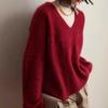 Autumn Winter V-neck Solid Color Bottomed Knitting Top Women Casual Fashion Faux Mink Fur Pullover Sweater