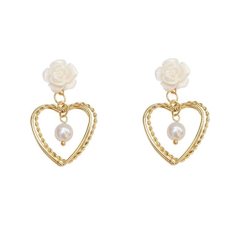 Серьги-гвоздики Love Pearl для женщин, свежие, сладкие, цветочные серьги-гвоздики, темпераментные серьги Love Heart Pearl
