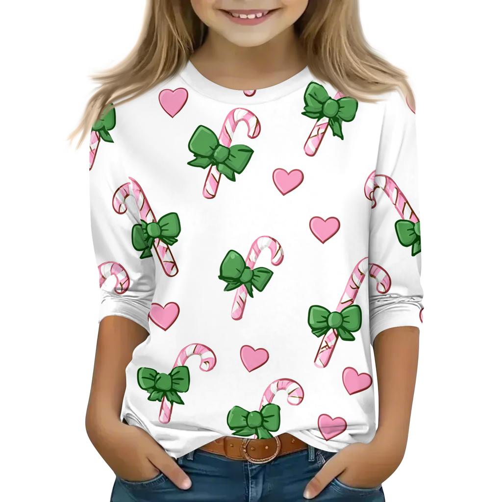 Children's 3/4 Sleeve Round Neck Top Christmas Tree Printed Everyday Casual Top