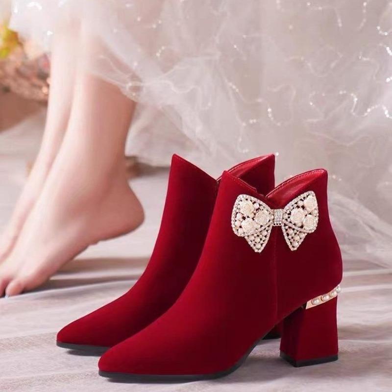 Fashion Women's Fashion Chunky Heel Short Boots Autumn New Pointy Suede Butterfly Knot Side Zipper Wedding Shoes