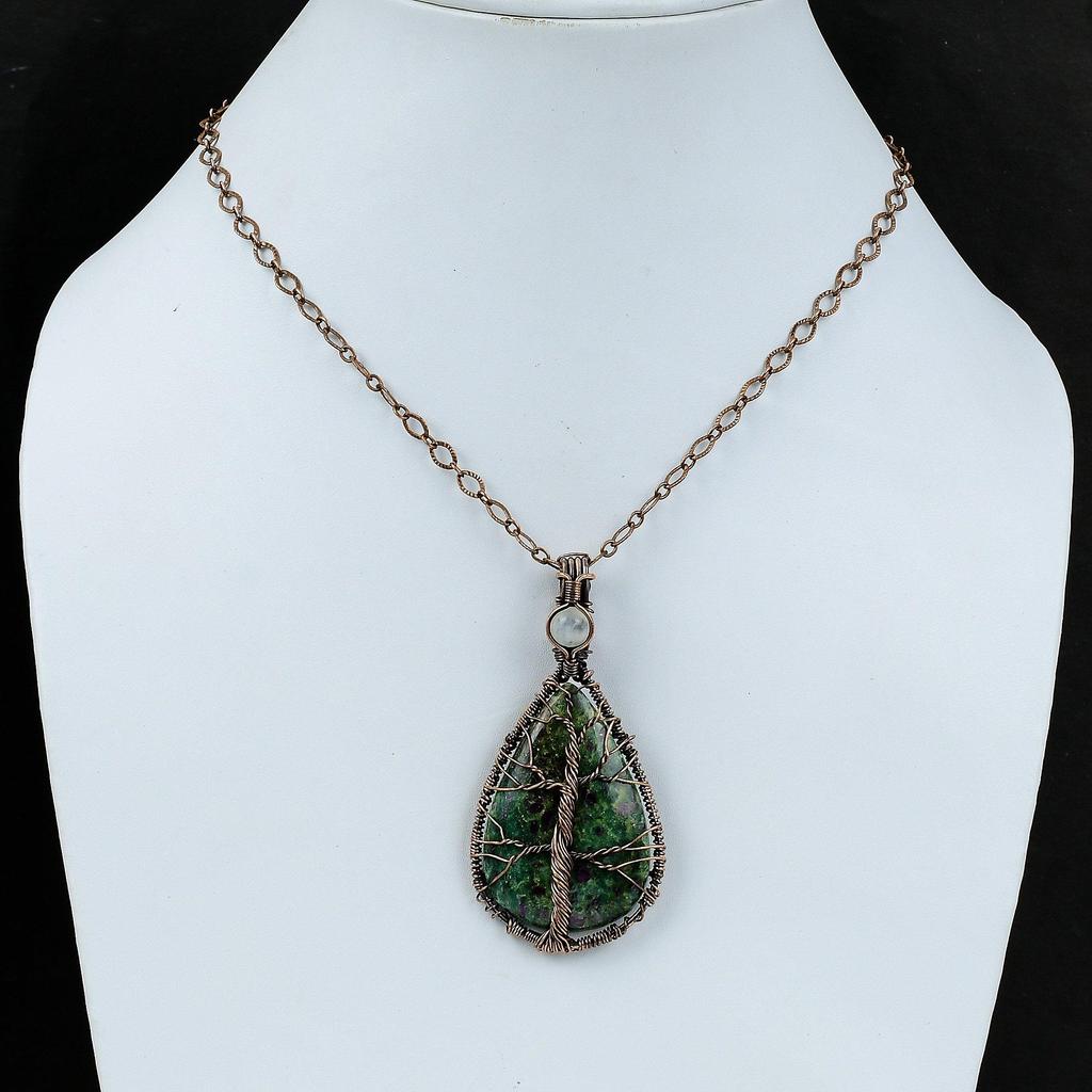 Tree Of Life Ruby Fuchsite Copper Pendant Wire Wrapped Pendant Gemstone Jewelry For Gift Rainbow Moonstone Pendant Handmade Copper Jewelry