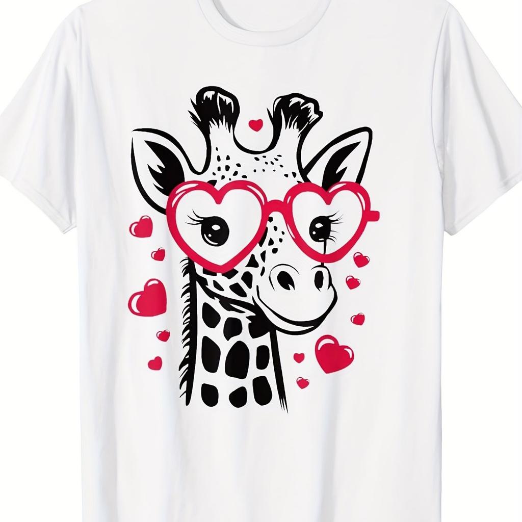 Cute Giraffe Heart Glasses Valentine Day Graphic Tee Unisex Cotton Casual Short Sleeve Tshirt