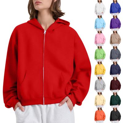 Женская однотонная свободная толстовка с капюшоном на молнии с длинным рукавом