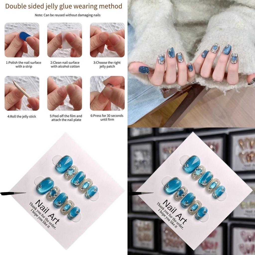 Blue Island Handmade Adhesive Cat Eye Short Nail Sticker Wearable Nail Art