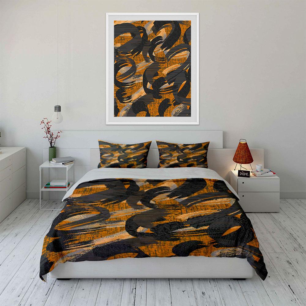 Abstract black, orange swirls. Bedding sets Duvet cover sets Duvet covers Pillowcases(1* Duvet Cover 2* Pillowcases without duvet insert)