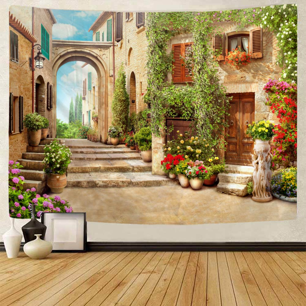 Large printed tapestry retro town garden landscape wall hanging Bohemian home wall decorative living room art hanging cloth