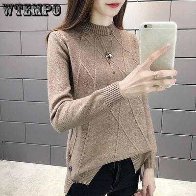 Осенне-зимний женский свитер с полувысоким воротником, длинным рукавом, универсальная вязаная рубашка для женщин