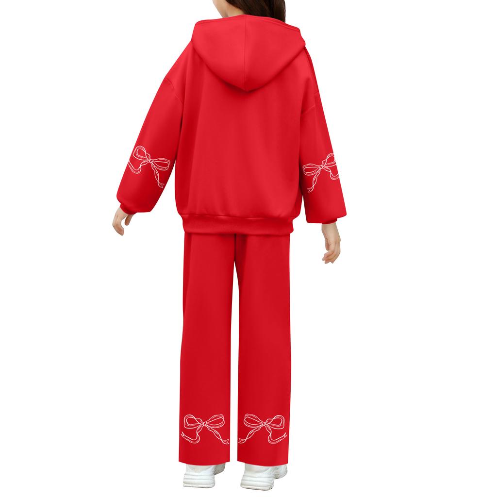 Kids' Plush Long Sleeve Long Pants Loose Pullover Bow Print Hoodie Set