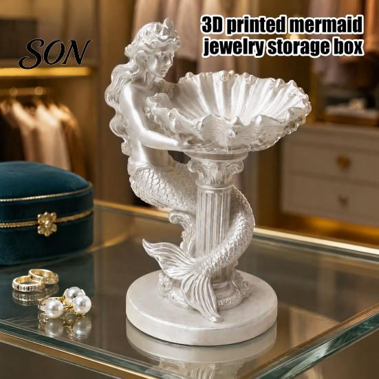 Decorative Storage Bowl Mermaid Jewelry Box, Seashell Trinket Tray, 3D Printing Dish Pearlescent White Resin Display Organizer for Rings Necklaces