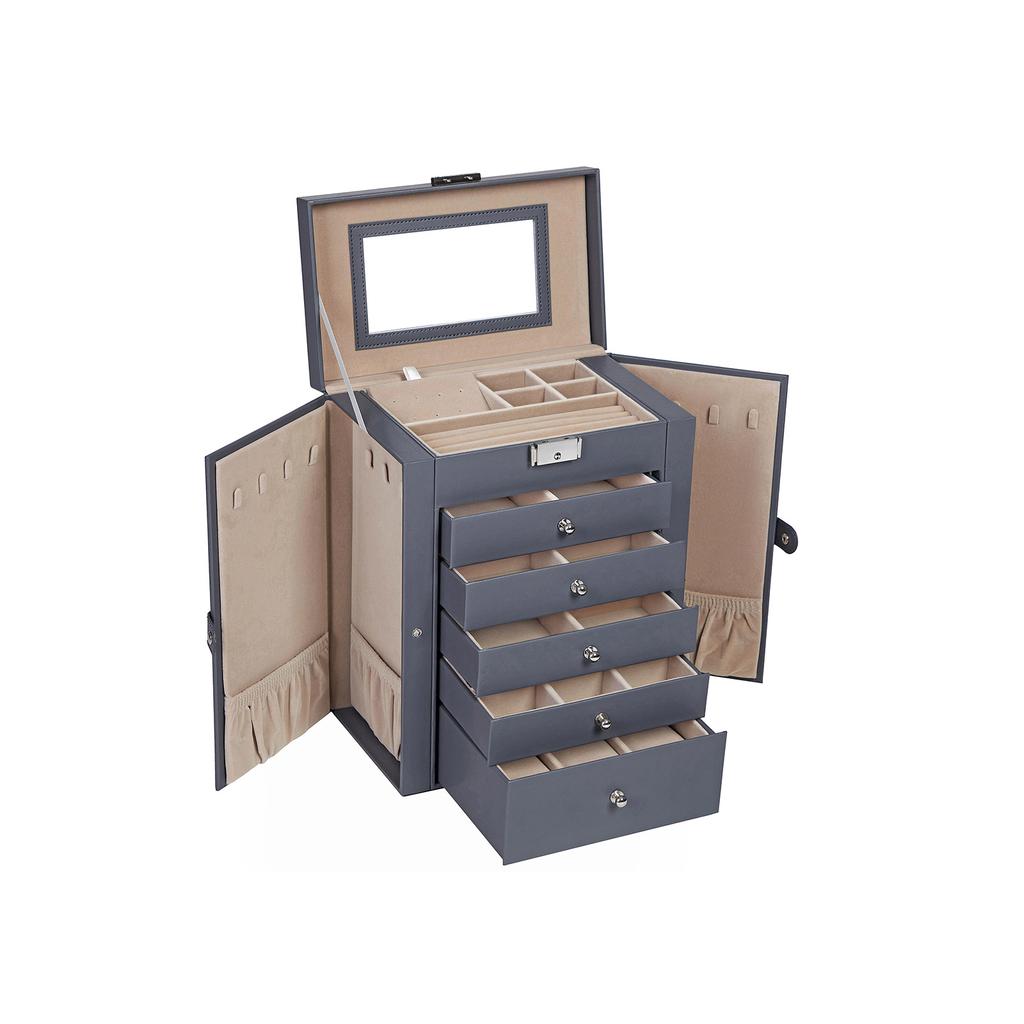 SONGMICS Large Jewellery Box, 6-Tier Jewellery Case with Side Wings, Drawers, Mirror and Clasp, for Bracelets Earrings Rings Necklaces Watches