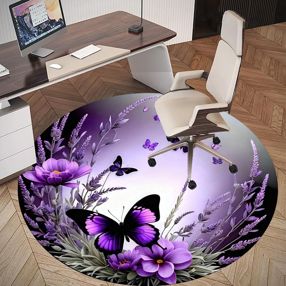 1PC Butterfly Lavender Office Round Area Rug, Under Office Chairs Bedroom Living Room Home Decor, Carpet for Office -1110002