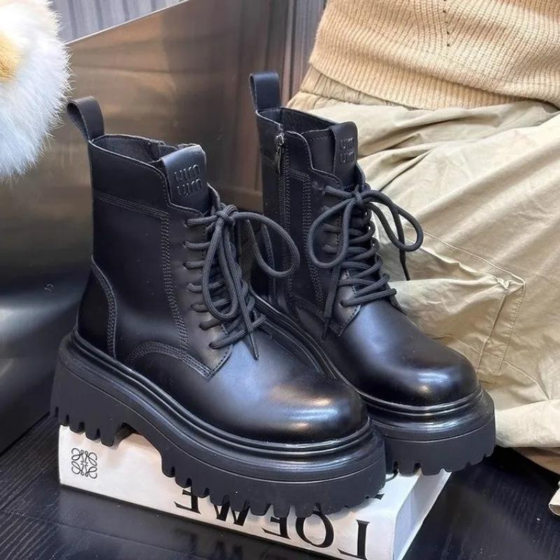 Женские ботинки на толстой подошве в британском стиле, тонкие ботинки 2024 года, новые весенне-осенние, модные короткие ботинки Single Knight