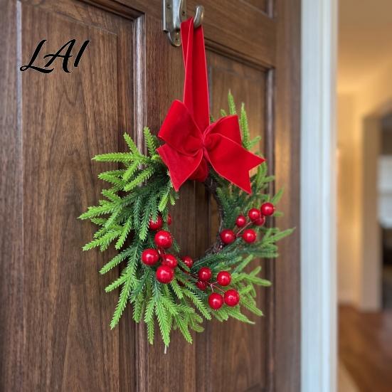 Reusable Plastic Wreath Christmas Mini Cabinet Wreath Artificial Cedar Cypress with Ribbon Bow Red Holiday Gift for Home Berries Small Farmhouse