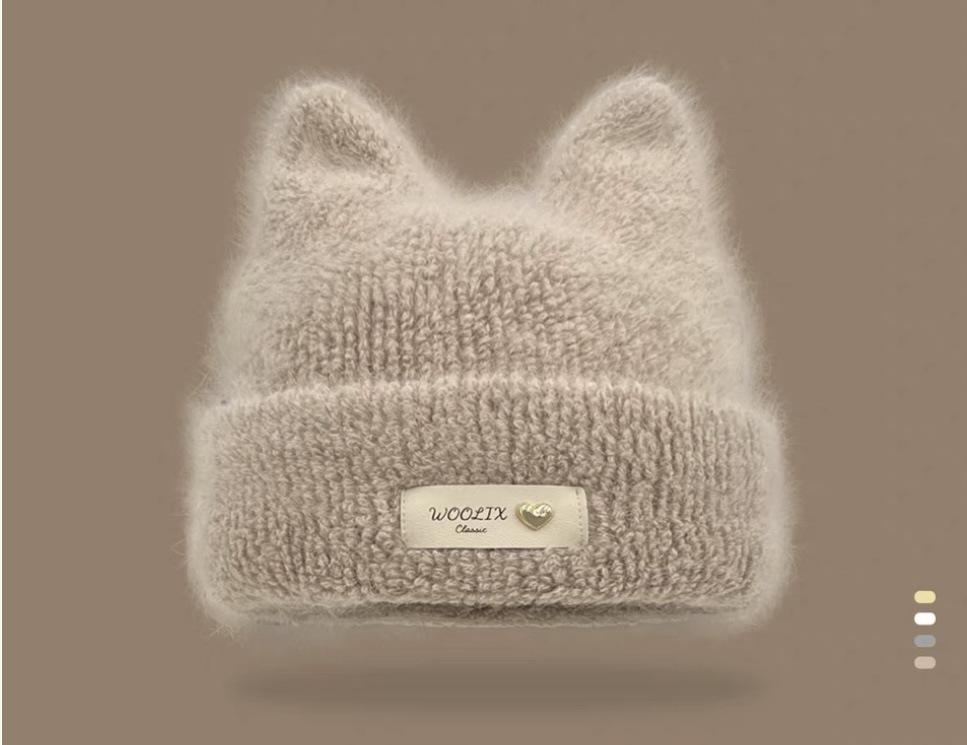Autumn and winter new cute cat ears solid color knitted wool hat warm ear protector cold hat women's versatile headhat