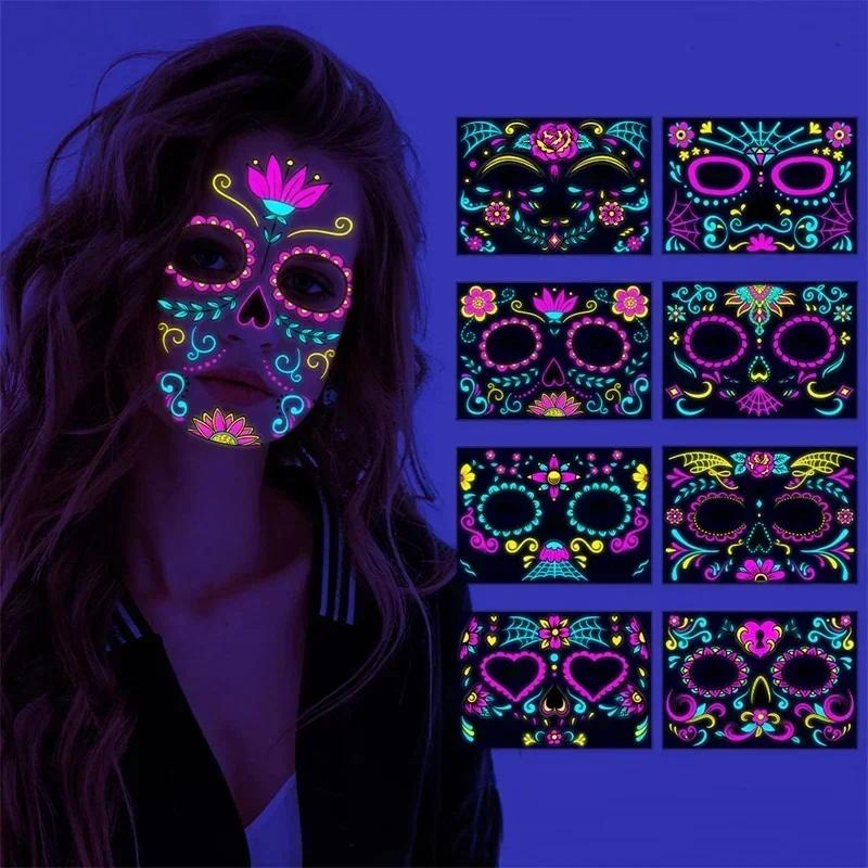 New Glow The Dark Tattoos Stickers Fake Face Temporary Tattoos Makeup UV Neon Floral Body Paint Tattoo Stickers Decorations