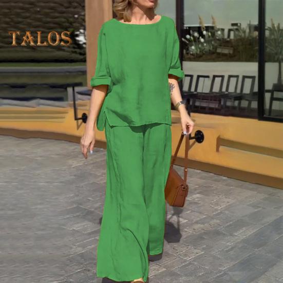 2Pcs/Set Women Casual Outfit O-neck Long Sleeve Tops Elastic Waist Wide Leg Long Pants Set Solid Color Loungewear