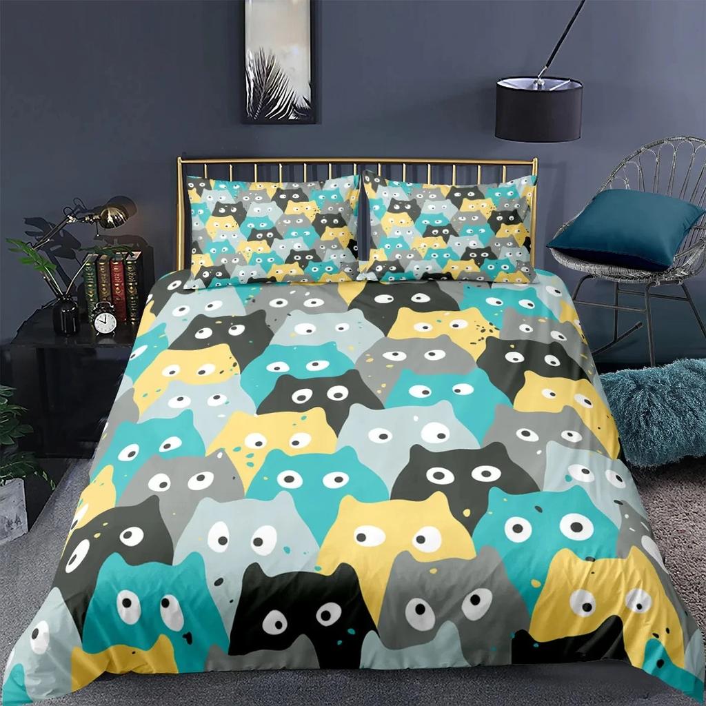 Cat Duvet Cover Polyester Pattern with Hipster Playful Feline Characters, Decorative 3 Piece Twin Bedding Set with 2 Pillow Sham