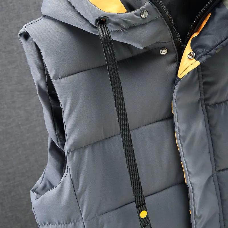 Men's Winter Vest Cotton Warm Sleeveless Coat Hat Detachable Padded Waistcoat Work Wear Male High Quality Clothes 5XL