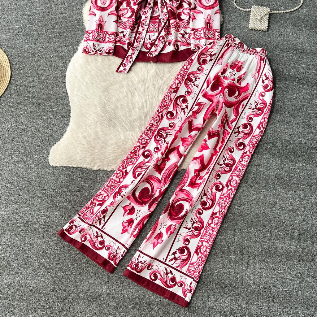 Fashion Designer Vintage Printed Two Piece Set for Women's Long Sleeve Blazer Collar Shirt+high Waisted Straight Pants Office Lady Outfits