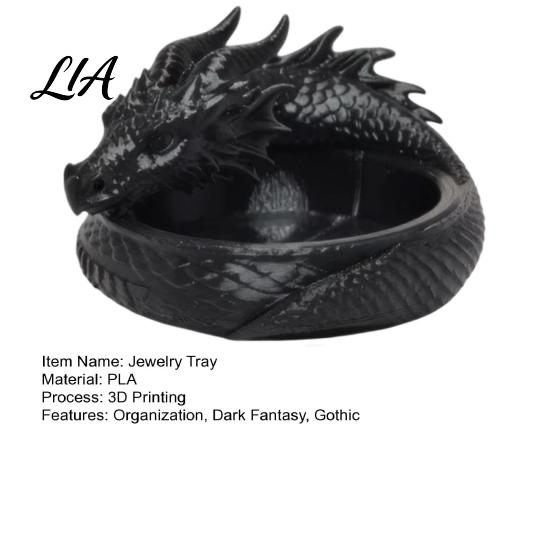 Dresser Top Storage 3D Printed Coiled Dragon Jewelry Tray, Dark Fantasy Trinket Organizer Dish, Theme Party Supplies Gothic Desk for Entryway,