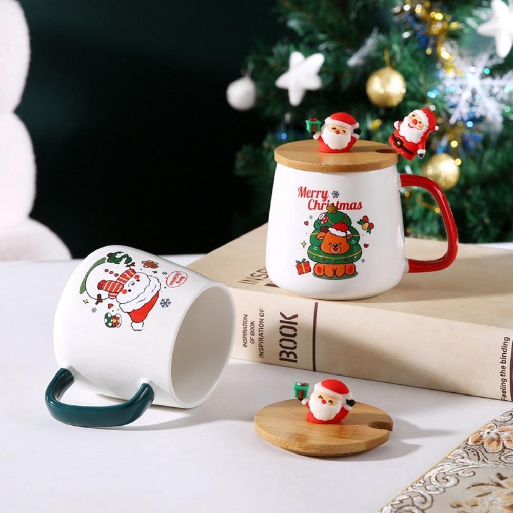 New Merry Christmas Mug Gift Box Ceramic Red Green Cup Spoon Set Party Accessories Wooden Lids Coffee Cup Teaspoon Home Use