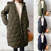 Fall Winter Women Jacket Hooded Zip-up Rhombus Texture Thin Padded Long Sleeves