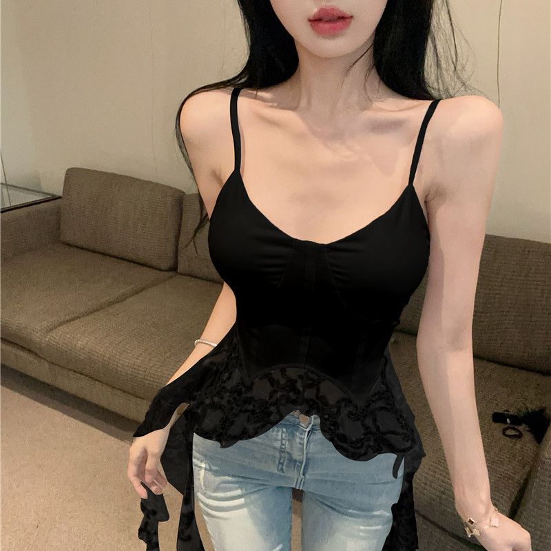 Французский стиль Spicy Girl кружевной лоскутный жилет-камисоль с подушкой на груди облегающий топ с нерегулярными лентами для женщин