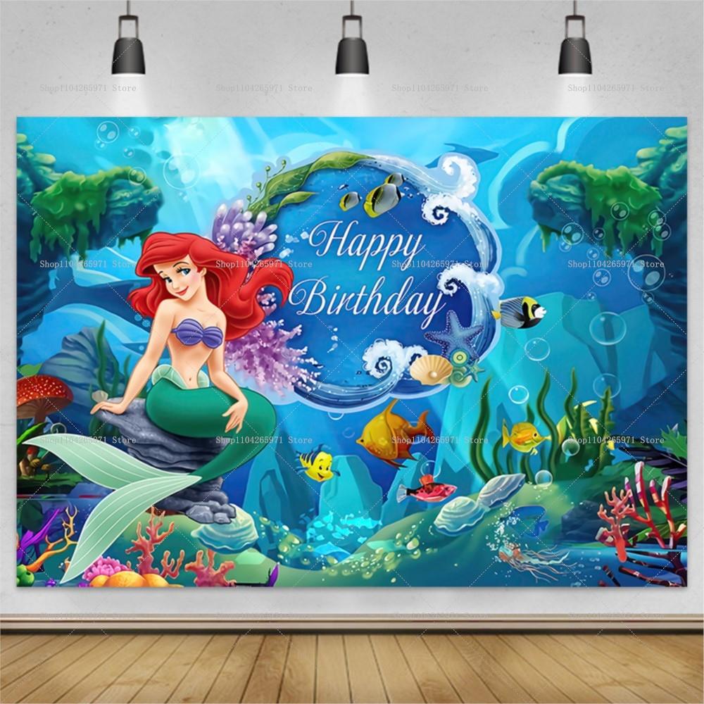 The Little Mermaid Ocean Backdrop Lovely Girl Birthday Party Decor Baby Shower Supplies Photo Backdrop Party Wall Banner