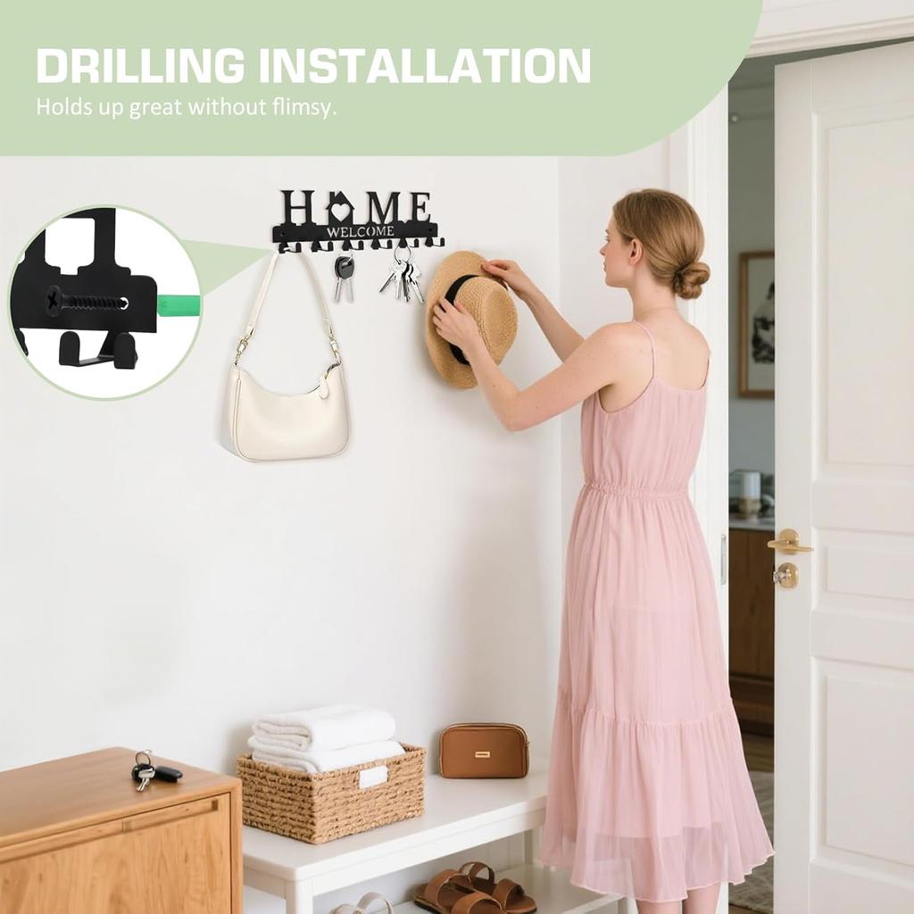 Настенный держатель для ключей, Металлический крючок для ключей на клейкой основе с 6 двойными крючками, 2 способа крепления, Черный